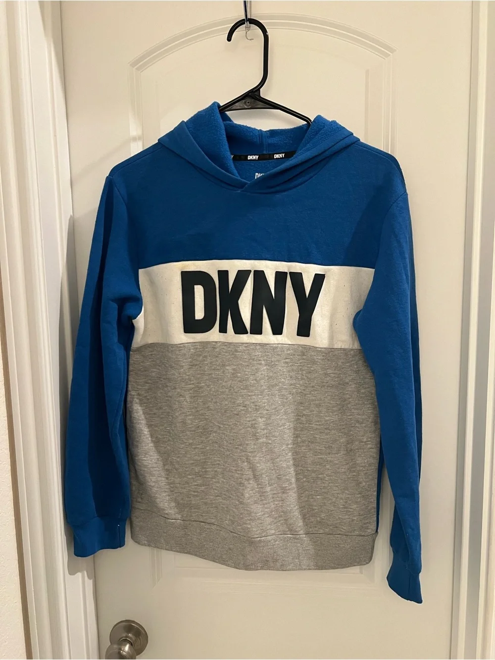 DKNY Blue, Gray & White Colorblock Crewneck Hoodie